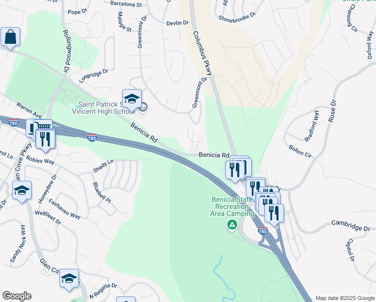 map of restaurants, bars, coffee shops, grocery stores, and more near 257 Lands End Court in Vallejo