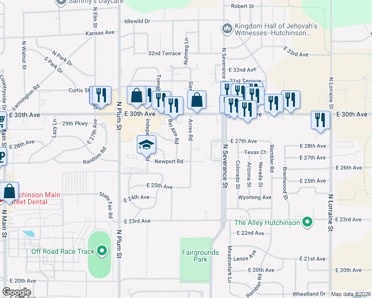 map of restaurants, bars, coffee shops, grocery stores, and more near 2704 Bel Aire Road in Hutchinson