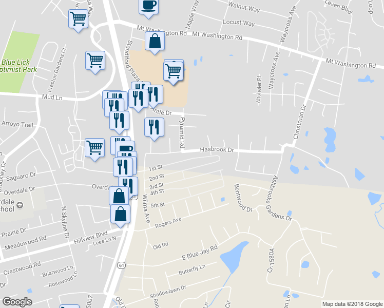 map of restaurants, bars, coffee shops, grocery stores, and more near 5504 Hasbrook Drive in Louisville