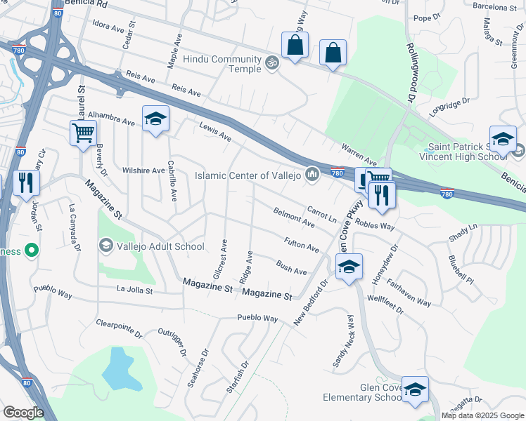 map of restaurants, bars, coffee shops, grocery stores, and more near 1130 Fulton Avenue in Vallejo