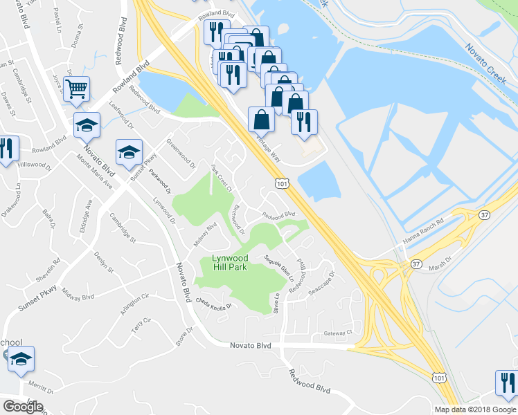 map of restaurants, bars, coffee shops, grocery stores, and more near 4 Rosewood Drive in Novato