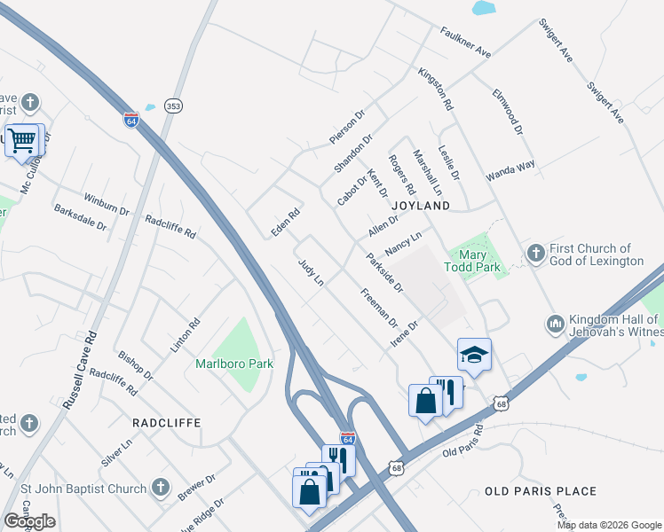map of restaurants, bars, coffee shops, grocery stores, and more near 578 Freeman Drive in Lexington