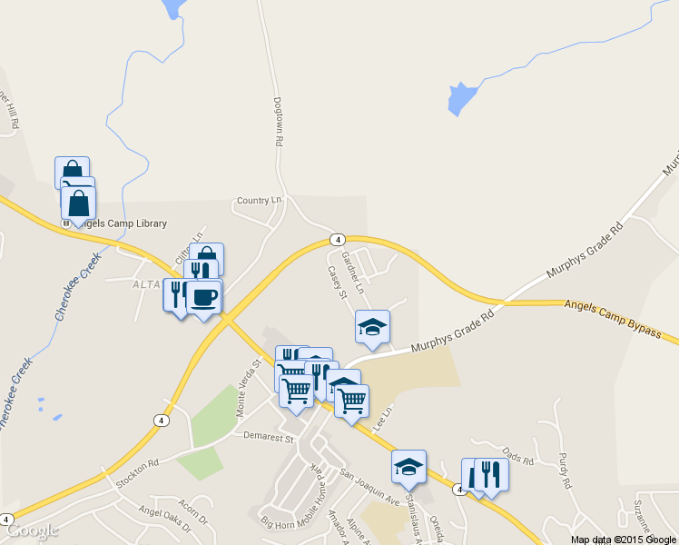 map of restaurants, bars, coffee shops, grocery stores, and more near 740 Casey Street in Angels Camp