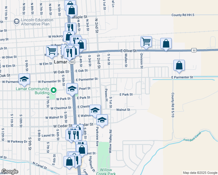 map of restaurants, bars, coffee shops, grocery stores, and more near 500-598 South 1st Street in Lamar