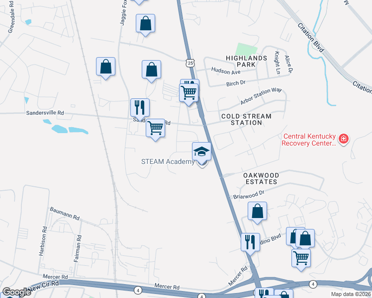 map of restaurants, bars, coffee shops, grocery stores, and more near 1672 Atoma Drive in Lexington