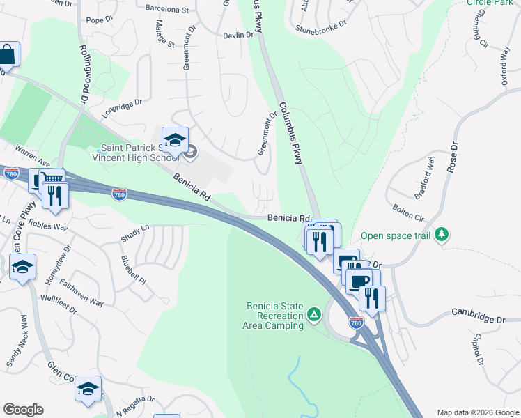 map of restaurants, bars, coffee shops, grocery stores, and more near 101 Nautical Court in Vallejo