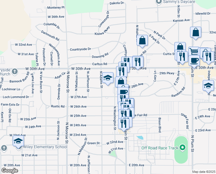 map of restaurants, bars, coffee shops, grocery stores, and more near 100 West 27th Avenue in Hutchinson