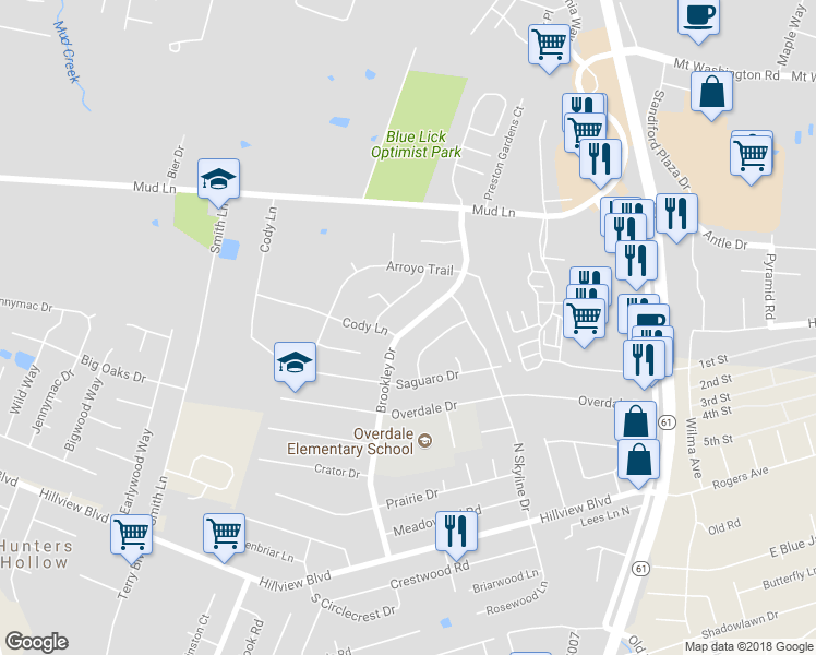 map of restaurants, bars, coffee shops, grocery stores, and more near 698 Brookley Drive in Louisville