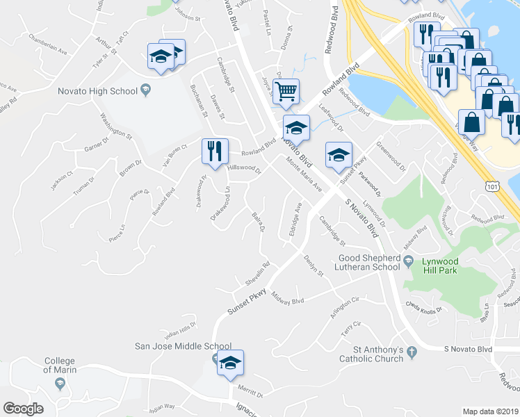 map of restaurants, bars, coffee shops, grocery stores, and more near 5 Kaden Court in Novato
