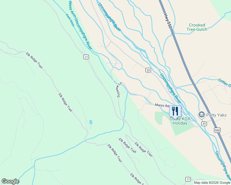 map of restaurants, bars, coffee shops, grocery stores, and more near 285 Suzanne Lane in Ridgway