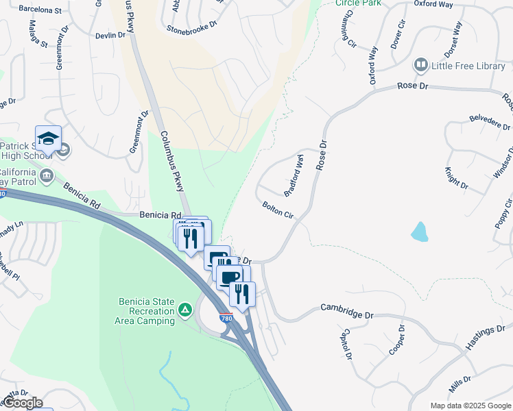 map of restaurants, bars, coffee shops, grocery stores, and more near 921 Bolton Circle in Benicia