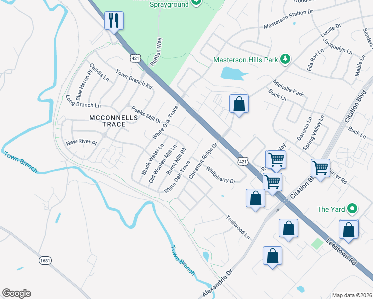 map of restaurants, bars, coffee shops, grocery stores, and more near 2849 Burnt Mill Road in Lexington