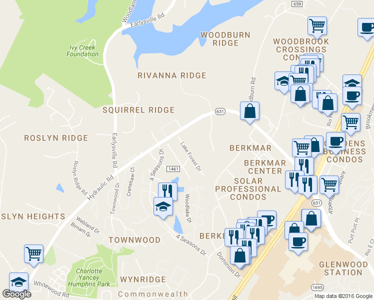 map of restaurants, bars, coffee shops, grocery stores, and more near 1044 Lake Forest Drive in Charlottesville