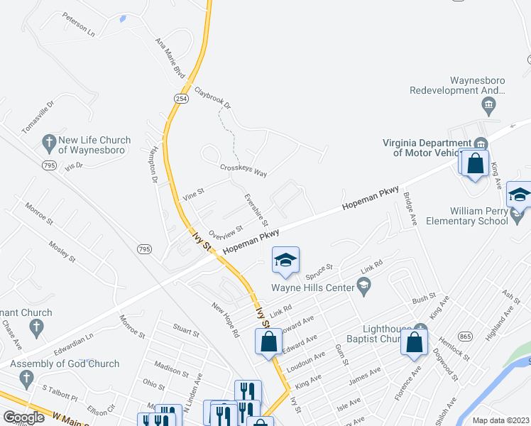 map of restaurants, bars, coffee shops, grocery stores, and more near 101 Guilford Lane in Waynesboro