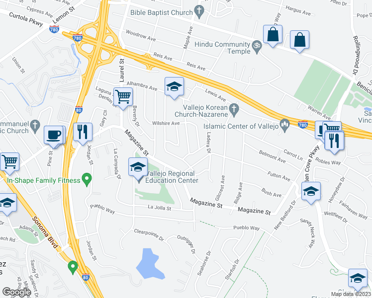 map of restaurants, bars, coffee shops, grocery stores, and more near 207 Cabrillo Avenue in Vallejo