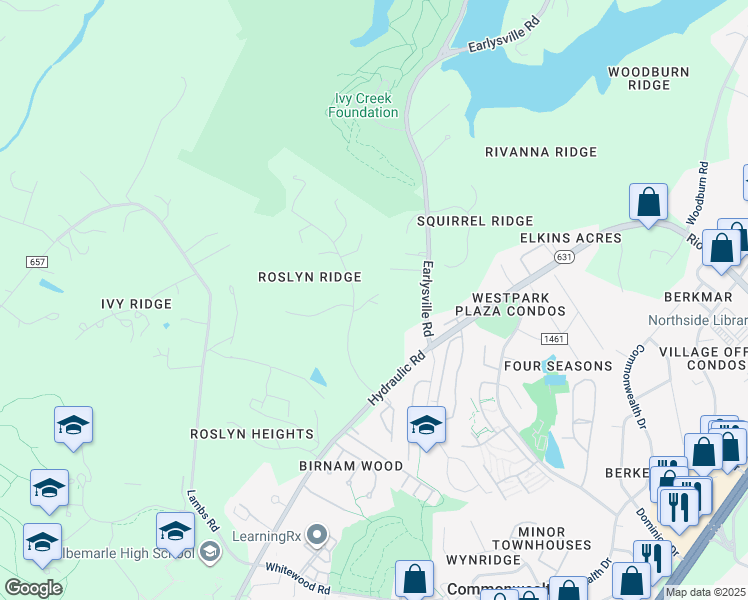 map of restaurants, bars, coffee shops, grocery stores, and more near 1765 Roslyn Ridge Road in Charlottesville