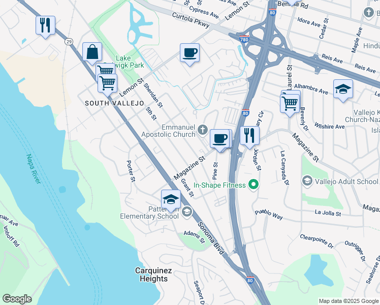 map of restaurants, bars, coffee shops, grocery stores, and more near 924 Sheridan Street in Vallejo