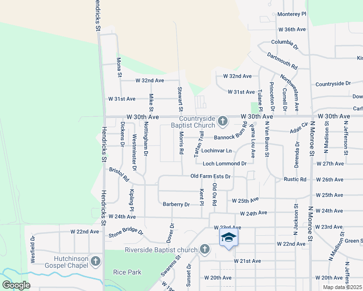 map of restaurants, bars, coffee shops, grocery stores, and more near Morris Road in Hutchinson