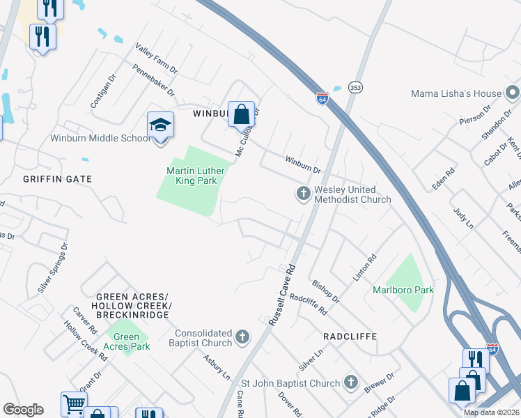 map of restaurants, bars, coffee shops, grocery stores, and more near 1880 Millbank Road in Lexington