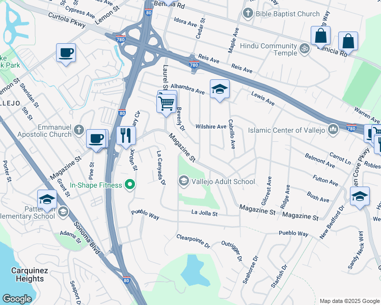 map of restaurants, bars, coffee shops, grocery stores, and more near 1406 Magazine Street in Vallejo