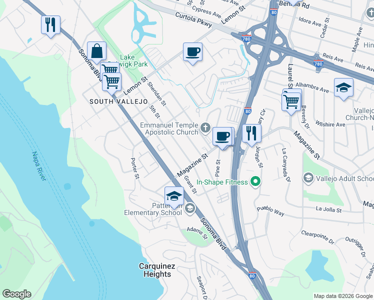 map of restaurants, bars, coffee shops, grocery stores, and more near 924 5th Street in Vallejo