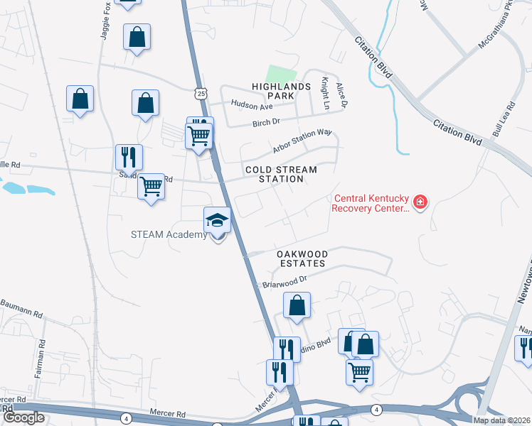 map of restaurants, bars, coffee shops, grocery stores, and more near 877 Hidden Stream Drive in Lexington