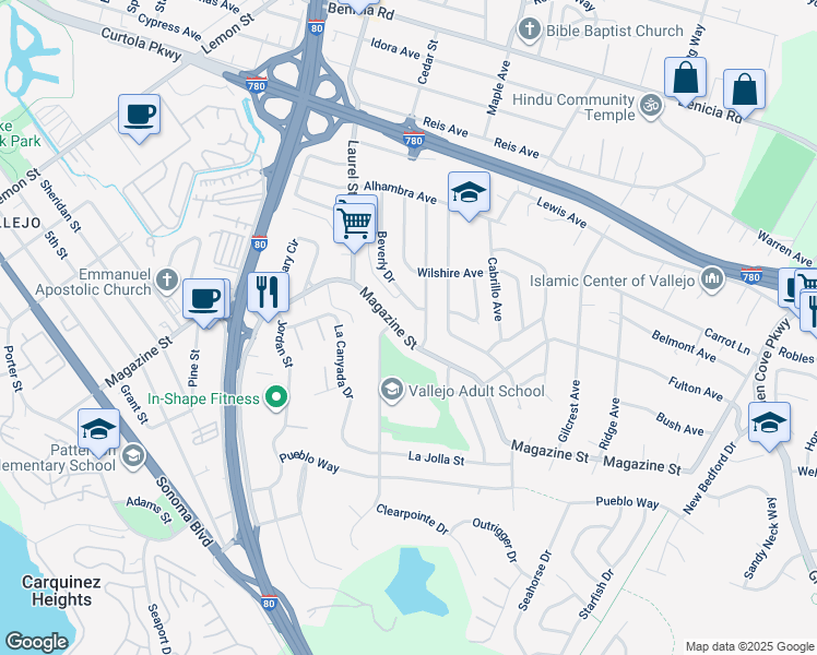 map of restaurants, bars, coffee shops, grocery stores, and more near 1406 Magazine Street in Vallejo