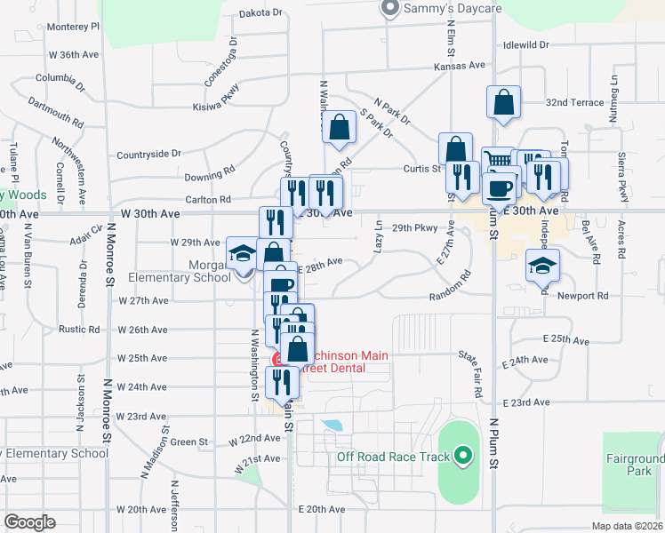 map of restaurants, bars, coffee shops, grocery stores, and more near 14 East 28th Avenue in Hutchinson
