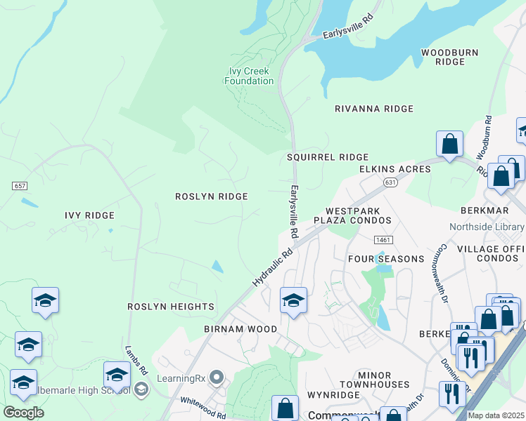 map of restaurants, bars, coffee shops, grocery stores, and more near 1765 Roslyn Ridge Road in Charlottesville