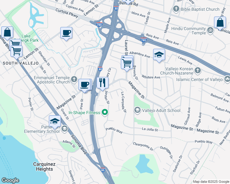 map of restaurants, bars, coffee shops, grocery stores, and more near 220 La Canyada Drive in Vallejo