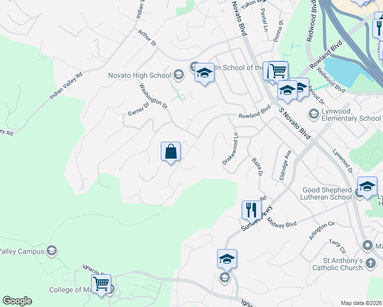 map of restaurants, bars, coffee shops, grocery stores, and more near 716 Rowland Boulevard in Novato