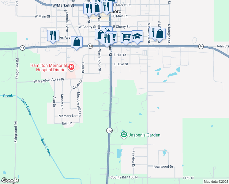 map of restaurants, bars, coffee shops, grocery stores, and more near Co Road 1165 East in McLeansboro
