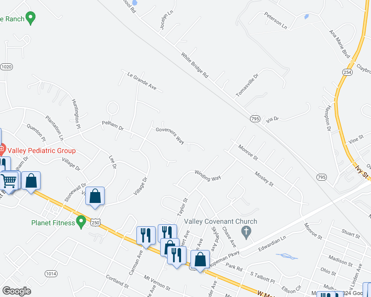 map of restaurants, bars, coffee shops, grocery stores, and more near 104 Queens Court in Waynesboro