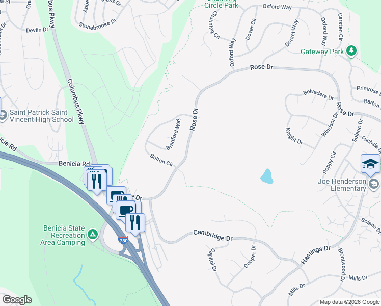 map of restaurants, bars, coffee shops, grocery stores, and more near 908 Rose Drive in Benicia