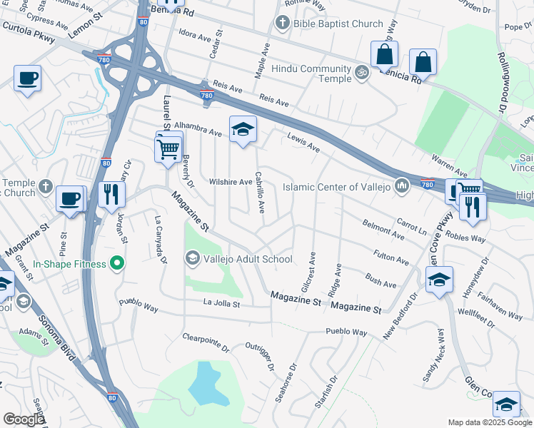 map of restaurants, bars, coffee shops, grocery stores, and more near 231 Cabrillo Avenue in Vallejo