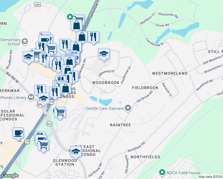 map of restaurants, bars, coffee shops, grocery stores, and more near 314 Eastbrook Drive in Charlottesville