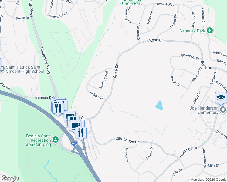 map of restaurants, bars, coffee shops, grocery stores, and more near 908 Rose Drive in Benicia