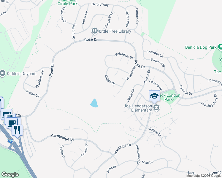map of restaurants, bars, coffee shops, grocery stores, and more near 668 Knight Drive in Benicia