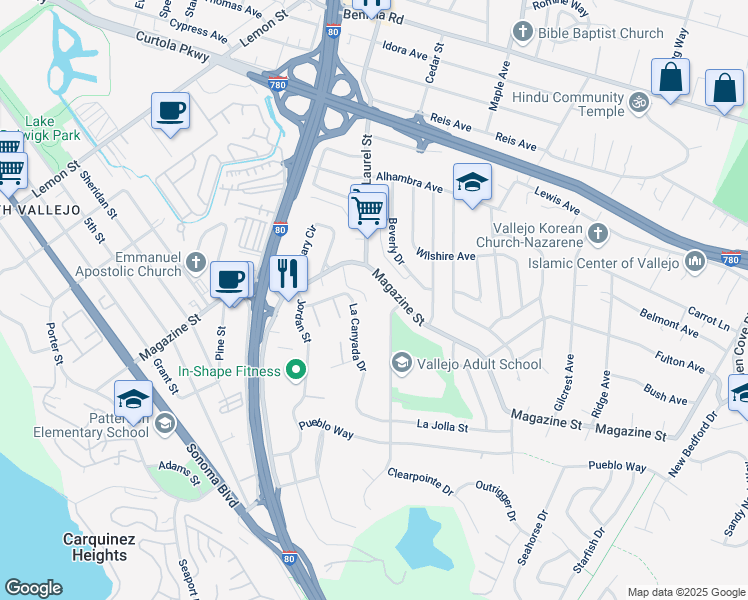 map of restaurants, bars, coffee shops, grocery stores, and more near 1317 Magazine Street in Vallejo