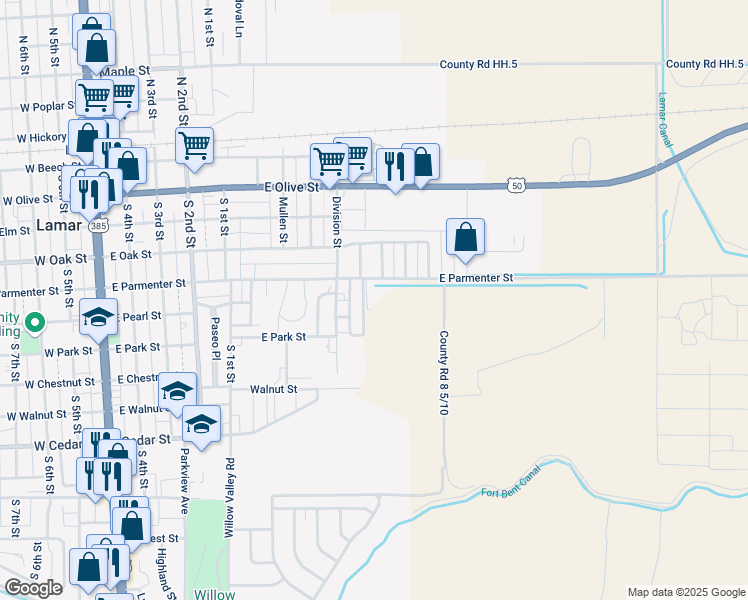 map of restaurants, bars, coffee shops, grocery stores, and more near 1001-1099 East Parmenter Street in Lamar