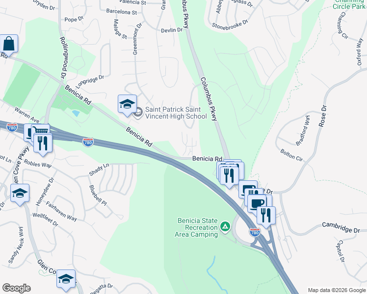 map of restaurants, bars, coffee shops, grocery stores, and more near 115 Lands End Court in Vallejo