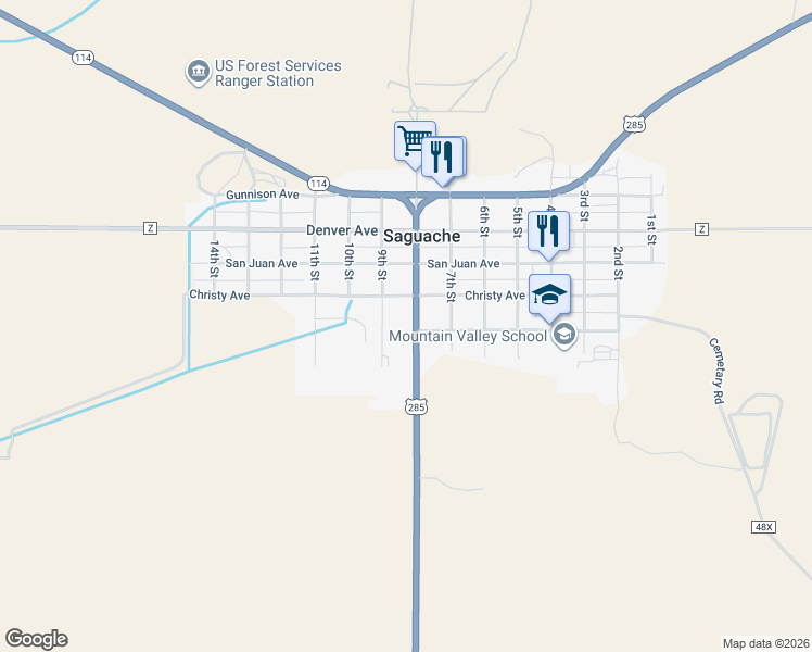 map of restaurants, bars, coffee shops, grocery stores, and more near 535 8th Street in Saguache