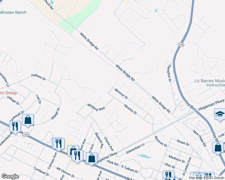 map of restaurants, bars, coffee shops, grocery stores, and more near 2432 Monroe Street in Waynesboro