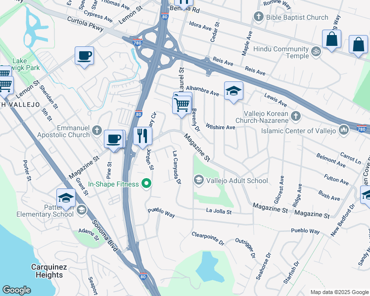 map of restaurants, bars, coffee shops, grocery stores, and more near 1317 Magazine Street in Vallejo