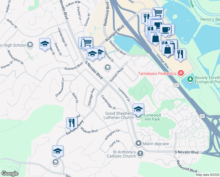 map of restaurants, bars, coffee shops, grocery stores, and more near 415 Sunset Parkway in Novato