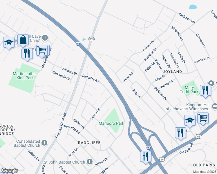 map of restaurants, bars, coffee shops, grocery stores, and more near 260 Radcliffe Road in Lexington