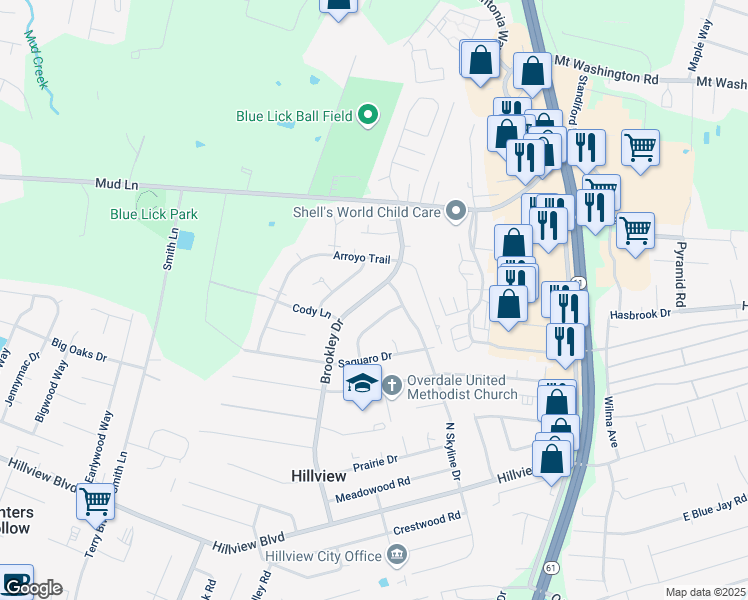 map of restaurants, bars, coffee shops, grocery stores, and more near 11497 Brookley Drive in Louisville