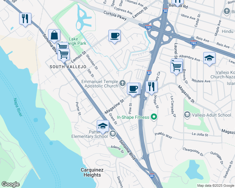 map of restaurants, bars, coffee shops, grocery stores, and more near 924 Sheridan Street in Vallejo
