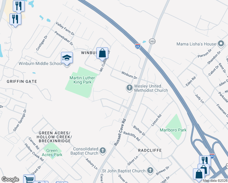 map of restaurants, bars, coffee shops, grocery stores, and more near 1880 Millbank Road in Lexington