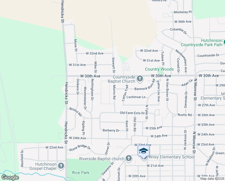 map of restaurants, bars, coffee shops, grocery stores, and more near Morris Road in Hutchinson